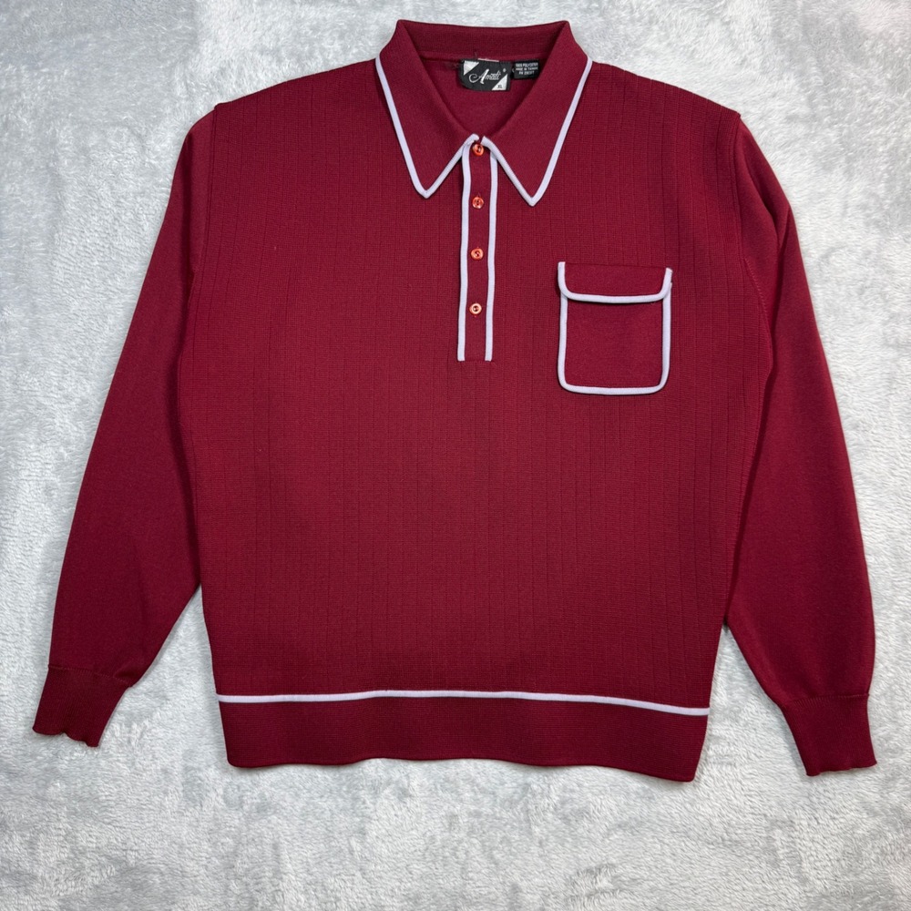 Vintage Amati Knit Polo Sweater Mens XL Maroon Textured Long Sleeve Pocket 70s